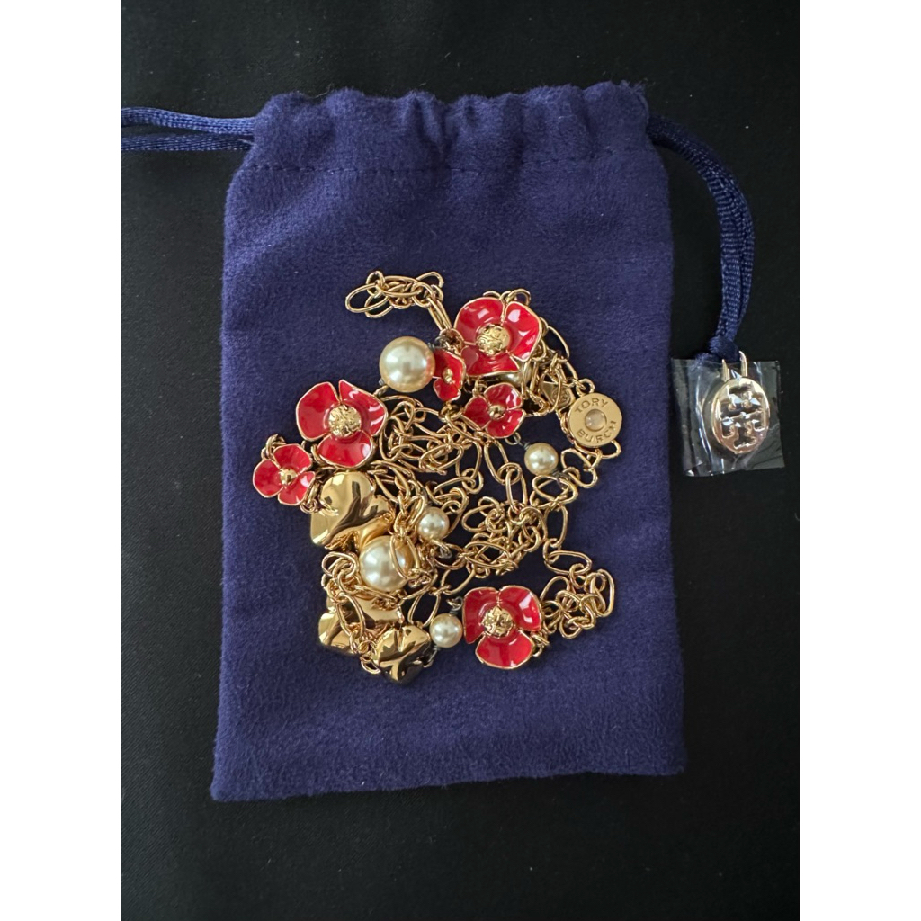 TB Red Enamel Flower Long Necklace