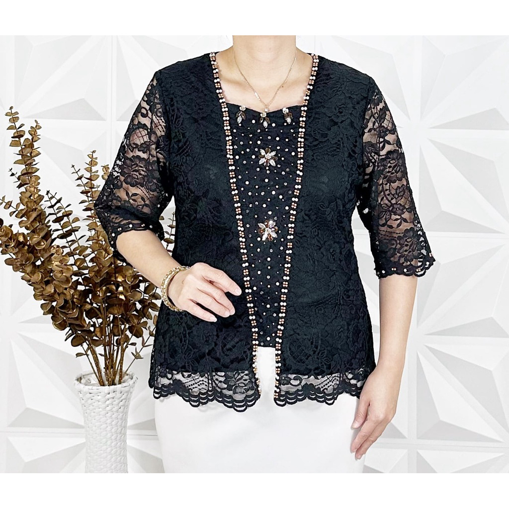 Atasan Blus Brokat semi Prancis Khusus Hitam