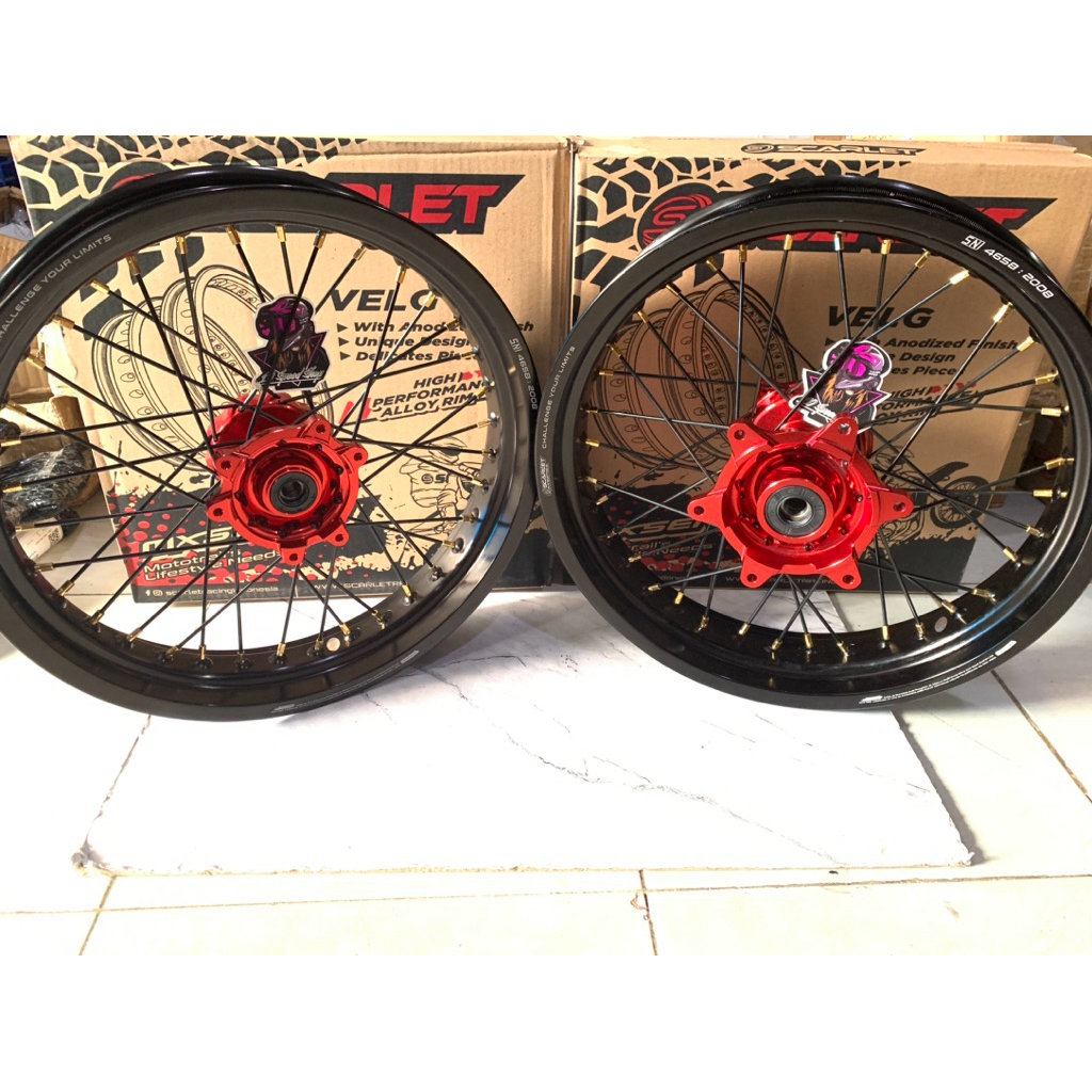 PAKET VELG SUPERMOTO CRF 150 SCARLET ORIGINAL 250/300/17 300/350/17 HOLE 36 VELG SUPERMOTO  CRF 150 