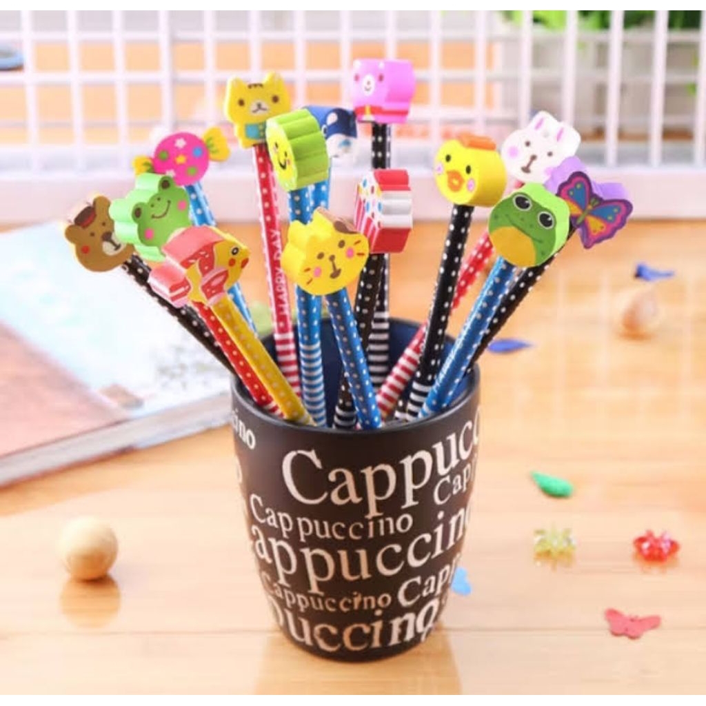 

Pensil karakter kartun cute motif garis / pensil karakter penghapus