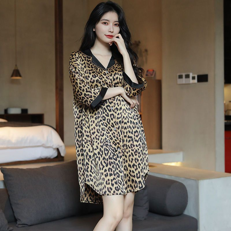 Dress tidur korea style wanita sexy sutra es piyama wanita sexy jumbo dress kemeja cetak macan tutul