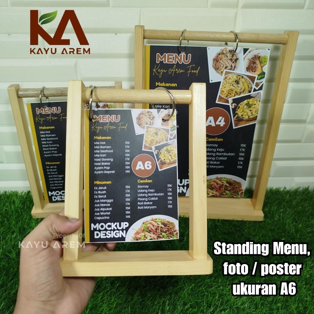 

[ Kayu Arem ] Stand Gantungan Meja Menu Ukuran A6 Nomor Promo Kalender | Stand Meja Cafe