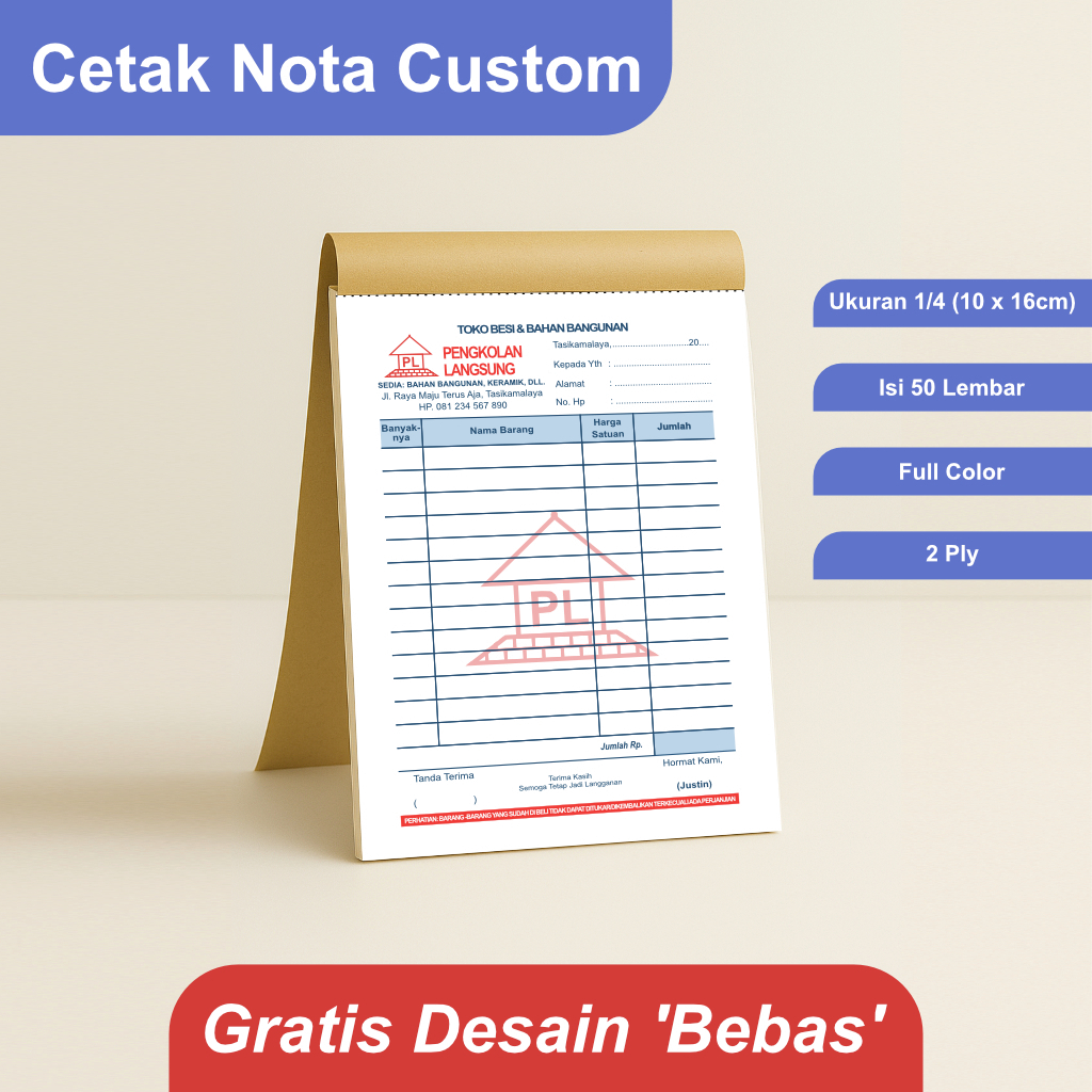 

Cetak Nota Toko Bahan Bangunan dan Besi Ukuran 1/4 Rangkap 2 Ply Gratis Desain Bebas Custom