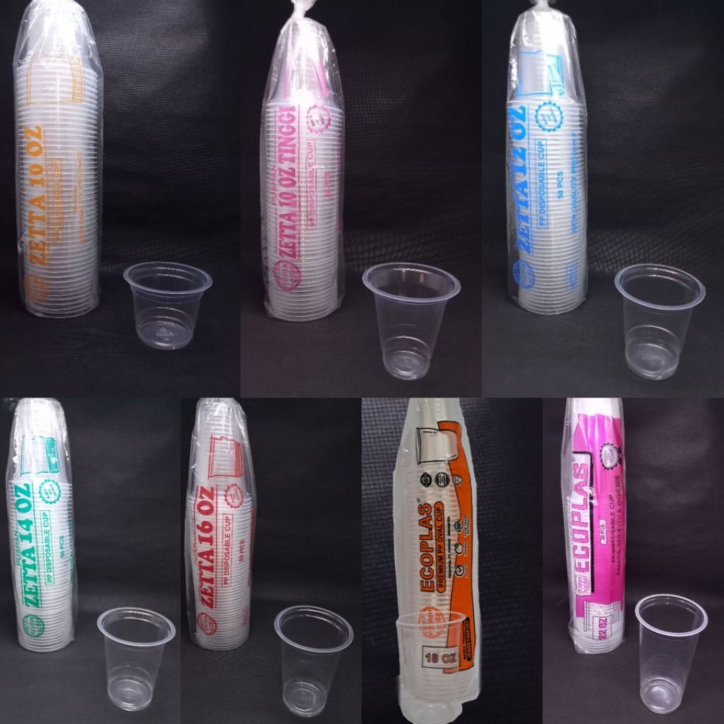 Cup / Gelas Plastik Puspan/ Zetta / Ecoplas Datar 10 Oz Pendek, 10 Oz Tinggi, 12 Oz, 16 Oz, 18 Oz, 2