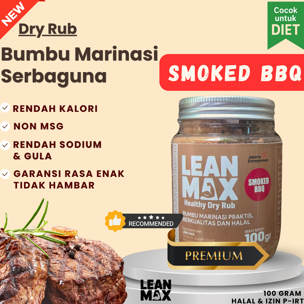 

Lean Max Dry Rub – BBQ Bumbu Marinasi Sehat Siap Tabur Tanpa MSG, dengan Garam Himalaya untuk diet