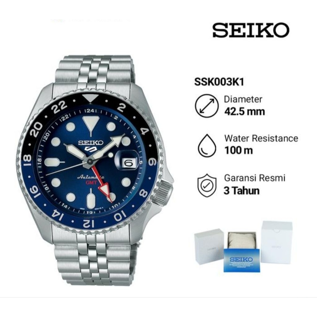Seiko 5 GMT Blueberry SSK003K1 SKX Sports Style Batman Blue Dial Jam Tangan Pria Original