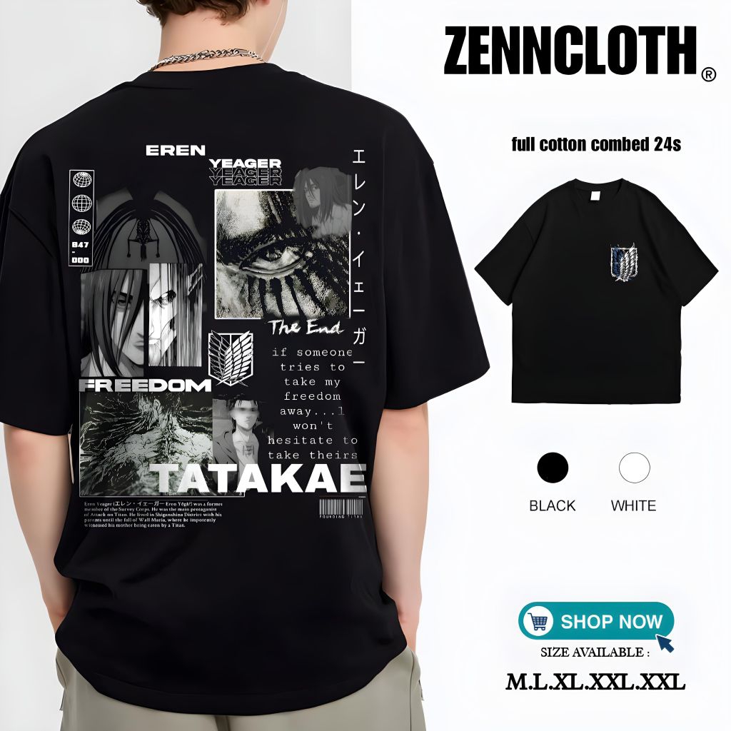 Zenncloth - Kaos Oversize Anime Attack On Titan Pria Wanita Unisex T-shirt Anime Kece