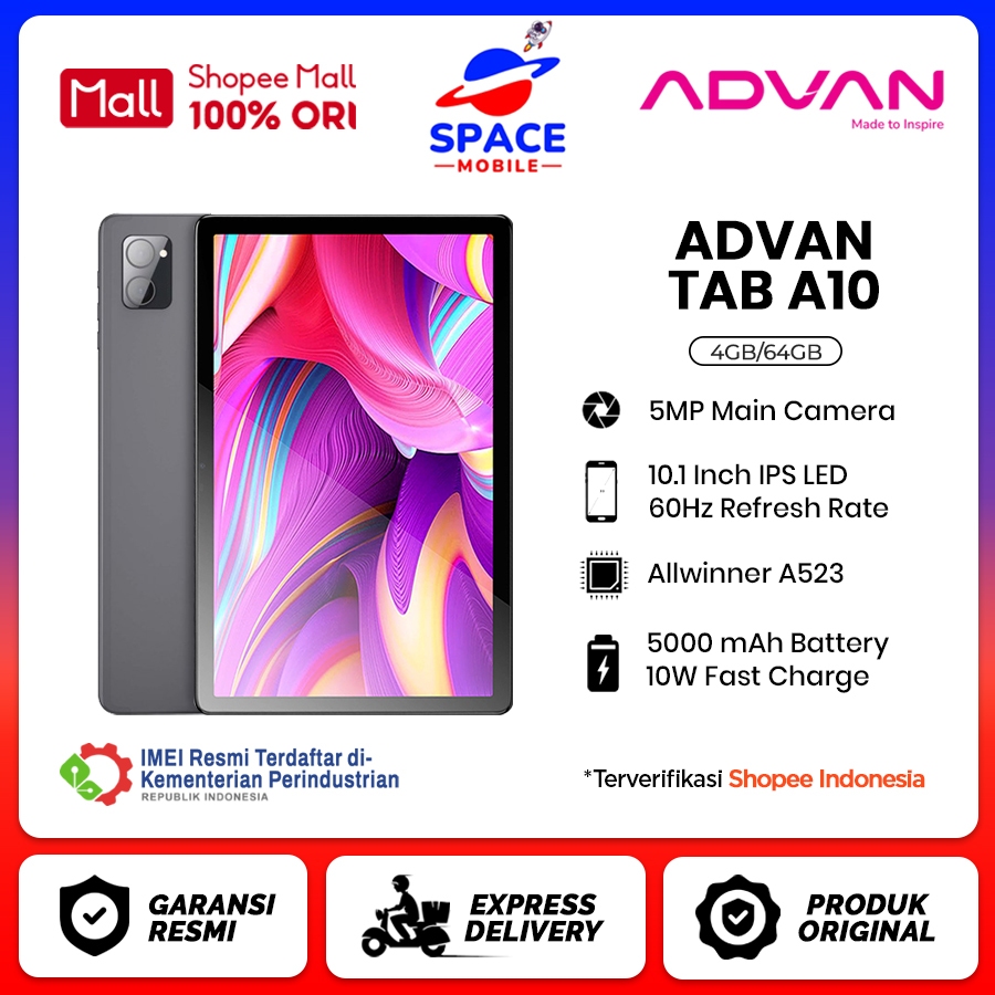 ADVAN Tab A10 Tablet 10.1 inci IPS 4GB+64GB Android 14 Octa-core Grey