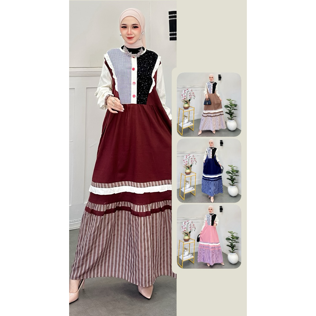 Gamis Kahiyang Dress Rompi Rampel Busui Kancing Kombinasi Polos Salur