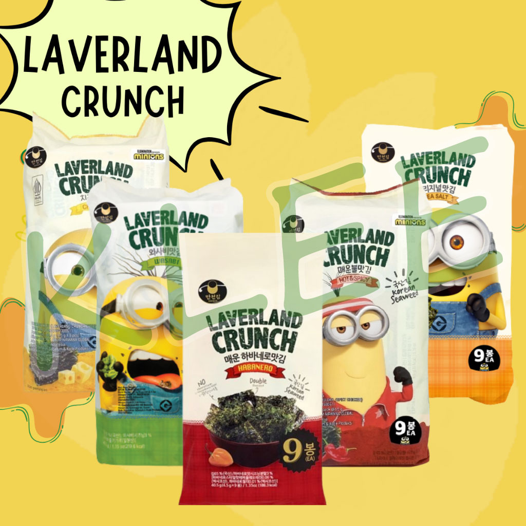 

Laverland Crunch Korean Crispy Seaweed Nori Rumput Laut Dengan Rasa Cheese Haba Nero Hot Spicy Sea Salt Wasabi isi 4,5g x 9pack - Snack Cemilan Korea - Laverland Minions