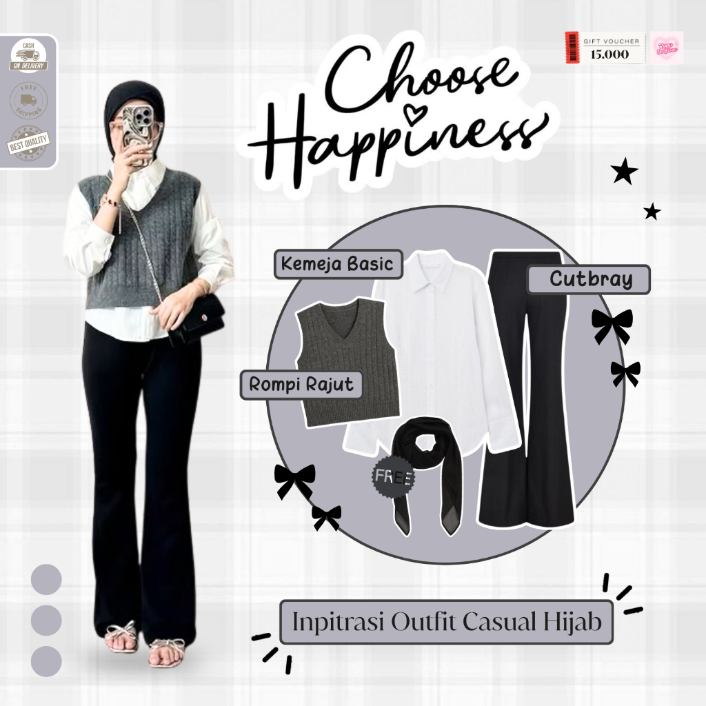 Rona - OOTD Wanita Kekinian Remaja Hijab | Rompi Rajut Abu, Kemeja Basic Putih, Celana Cutbray Hitam