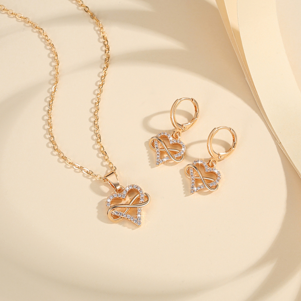 Lanme Jewelry Set Wanita Hati Kristal Titanium Anti Karat Kalung Dan Anting Perhiasan Fashion LM916