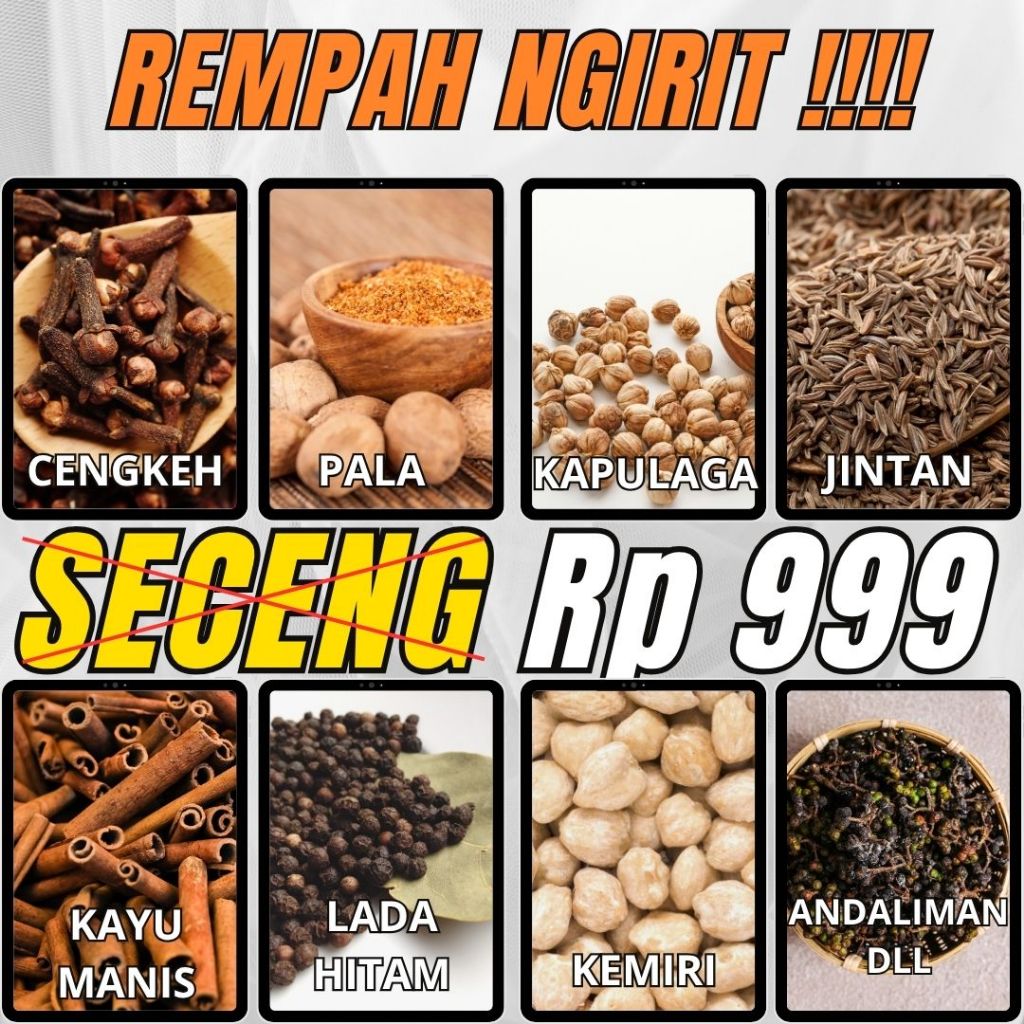 

REMPATERA - SECENG REMPAH - Bumbu Masak Lengkap Murah Hemat - Lada, Ketumbar, Pala, Jintan ,Adas, Kapulaga, Kayu manis, Cengkeh, Lada hitam, Kemiri, Masoi, Kas kas,Pulosari dll