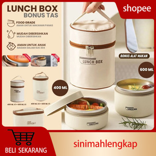 Lunch box Bento Portabel 1 set Tahan Bocor Gaya Jepang Round Stainless Lunch Box Cream Rice Container / Tempat bekal