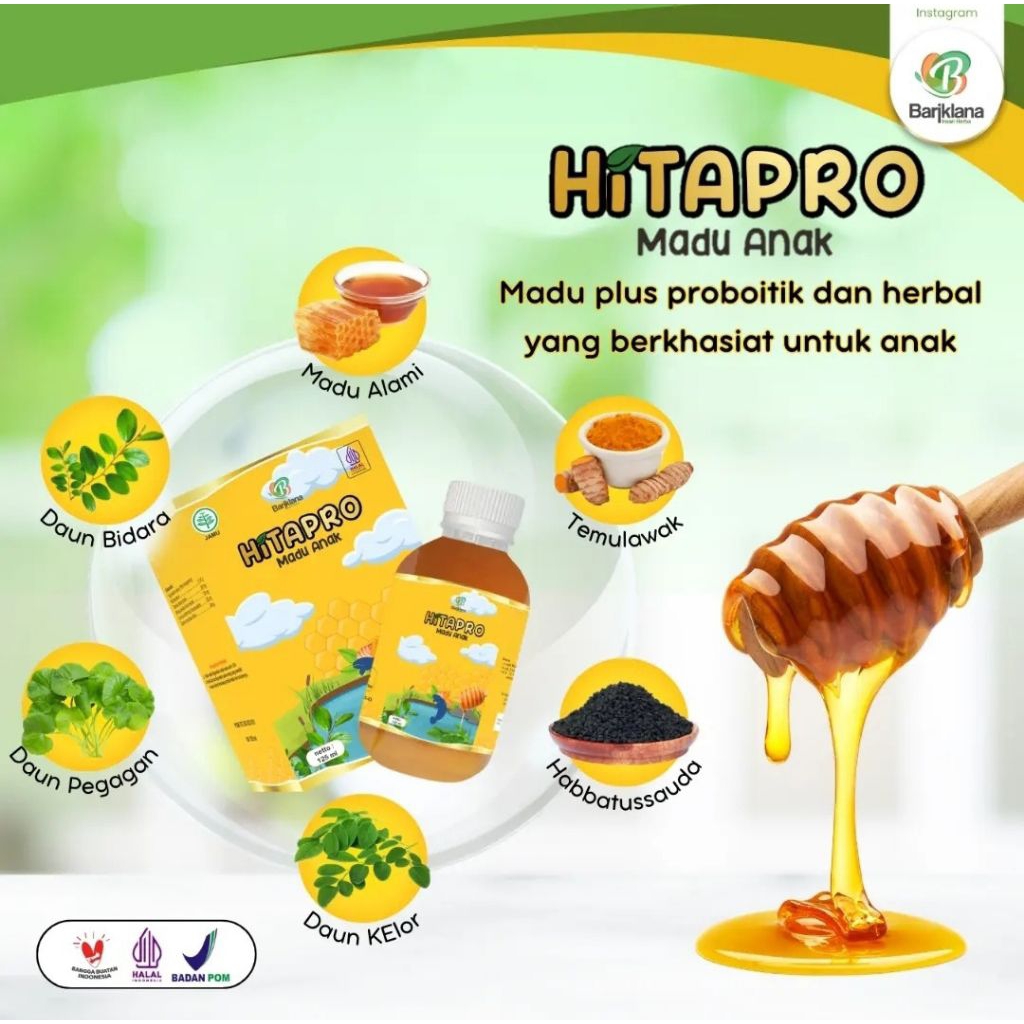 

HITAPRO Madu Anak Plus Habbatussauda, Daun Kelor, Pegagan, Temulawak, Daun Bidara, Probiotik