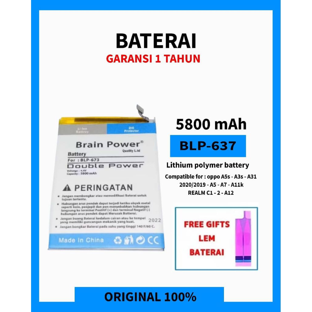 BATERAI OPPO DOBEL POWER 5800 MAHBLP 673 / OPPO A3S / A5S / A7 / A12 / A31