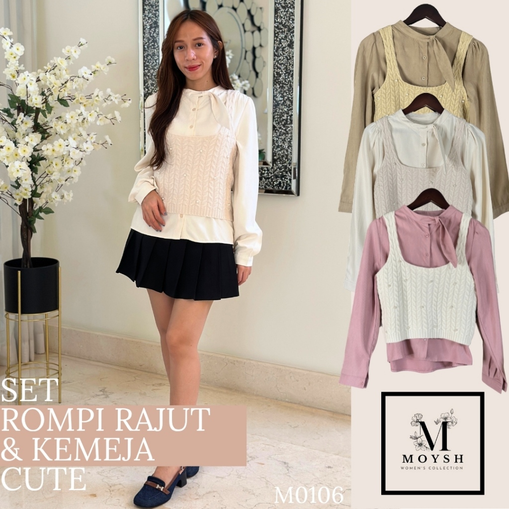 MOYSH Set Vest Rompi Rajut pearl Kemeja polos Tebal baju perempuan cute gaya korean