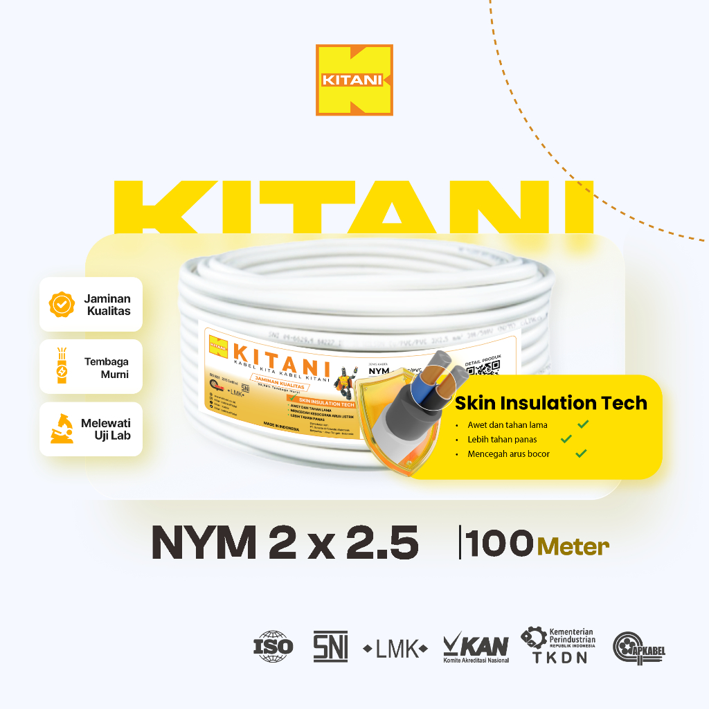 KITANI - NYM 2x2.5 mm² - 100 Meter -  Kabel Listrik Tembaga Kawat