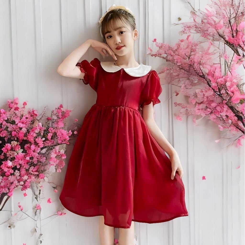 Dress Natal Anak Cewek Warna Merah Usia 6-9 Tahun | Gaun Pesta Anak Lucu Korean Style Dress Bkk alic