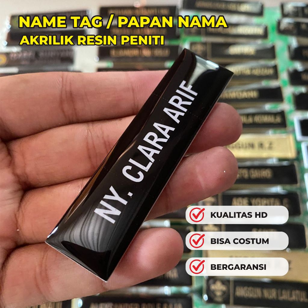 

PAPAN NAMA / NAMETAG FULL HITAM TULISAN PUTIH RESIN BISA COD 1 HARI SELESAI & COSTUM PROSE CEPAT