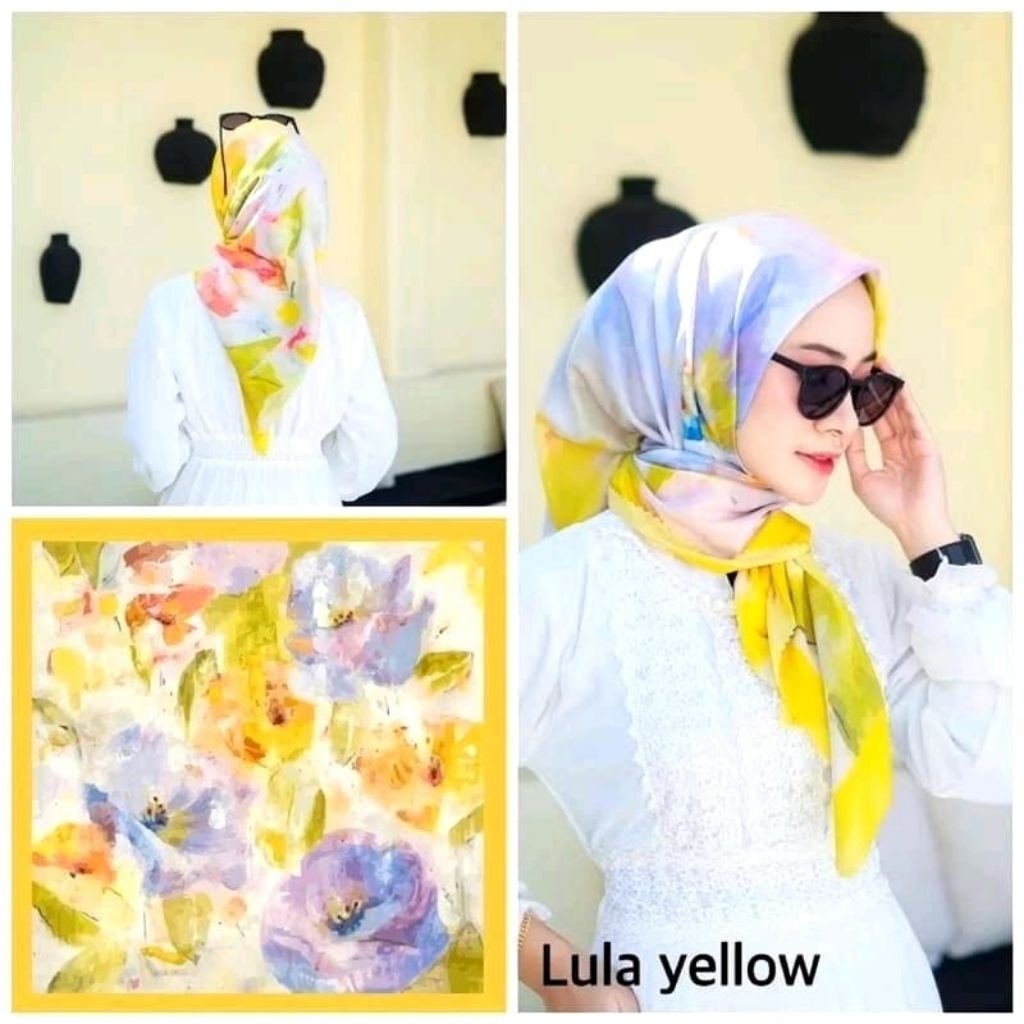 HIJAB SEGIEMPAT VOAL MOTIF BUNGA KUNING LEMON CERAH