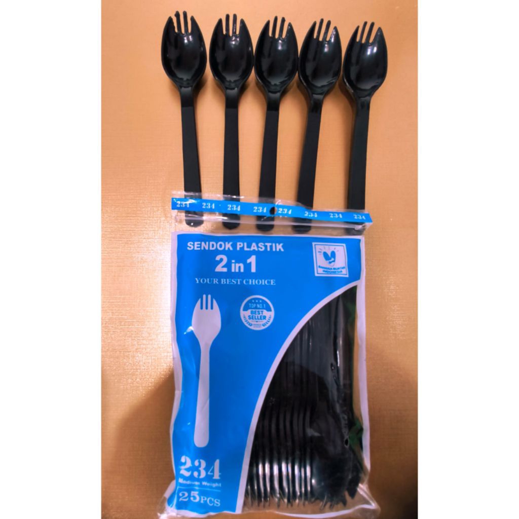 Grosir 1 Dus / 80 Pack Sendok 2in1 Hitam / Sendok Garpu Makan Plastik 2in1 Plastik