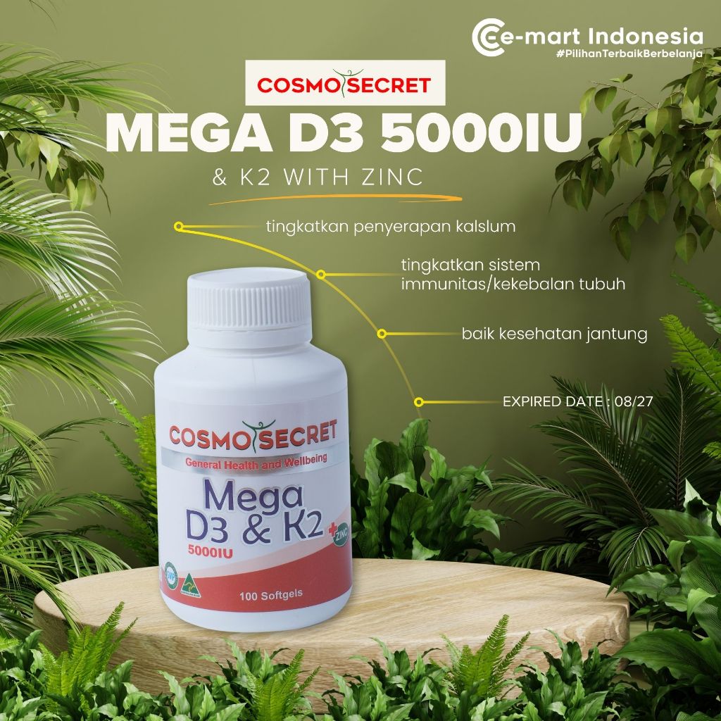 cosmo secret Mega D3 5000IU dan K2 with zinc 100 softgels