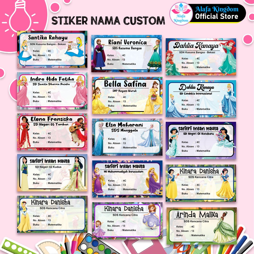 

Alafakingdom 12 Pcs Stiker Nama Buku Sekolah Custom Tema Princess Disney
