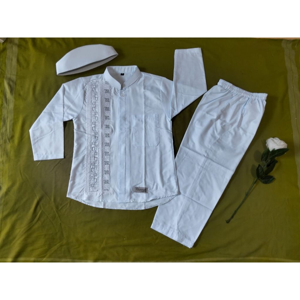 Koko Putih Full Kancing/ Baju Muslim Anak/ Baju Madrasah TK Anak Laki-laki Katun Setelan Peci