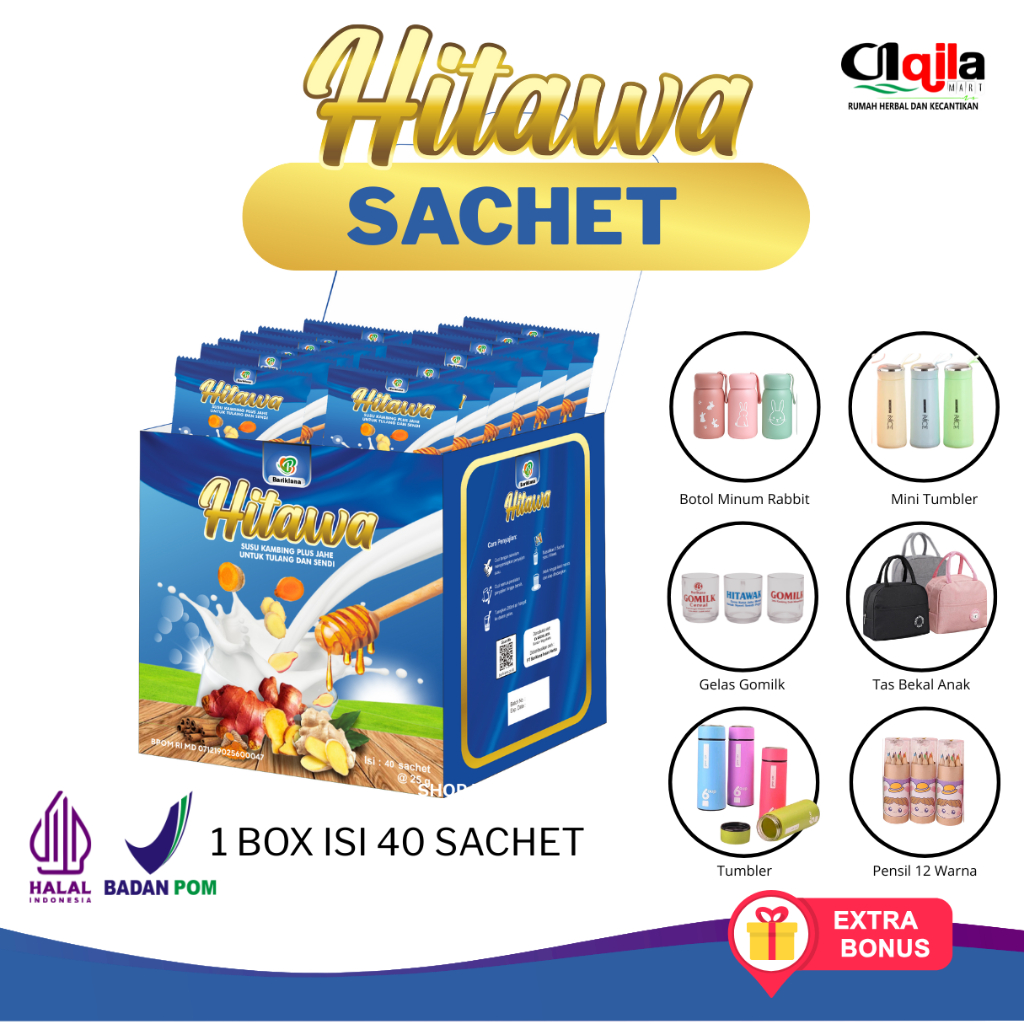 

HITAWA Sachet 1 Box isi 40 sachet Susu Etawa Jahe Baik untuk Nyeri Sendi Asam Urat Gratis 1 Gelas