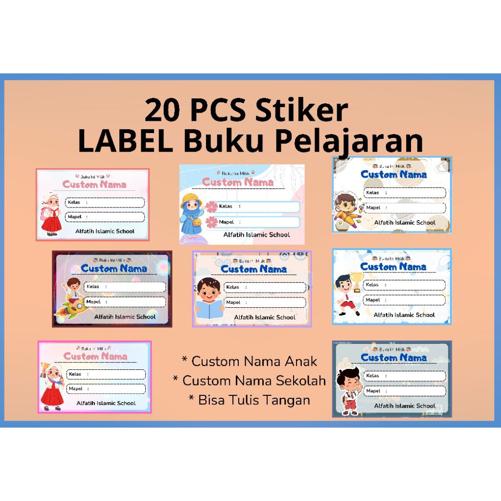 

20 pcs Label Buku Anak Sekolah Custom Nama dan Sekolah anak.