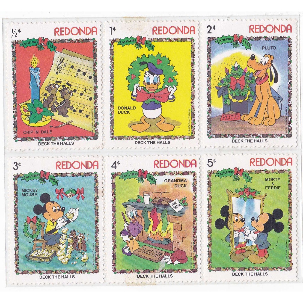 

Christmas Disney Friends Deck the Halls Redonda 1983 Postage Stamps Perangko Prangko Pos Filateli Philately Mickey Morty Ferdie Mouse Donald Grandma Duck Pluto Chip n Dale