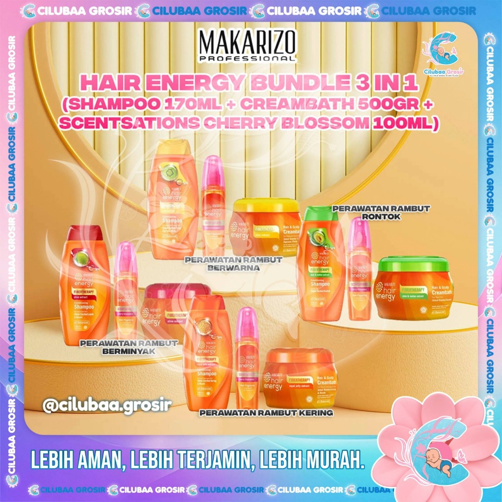 Makarizo Bundle Hair Energy 3 in 1 || Shampoo 170mL || Creambath 500Gr || Scentsations Hair Fragranc