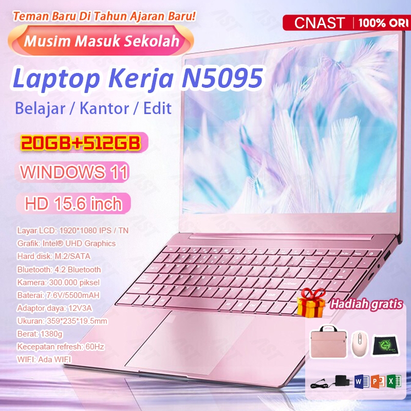 CNAST - Laptop Pink Baru 15.6 inch Ram20g+512GB SSD rose gold Intel celeron windows11+office+garansi