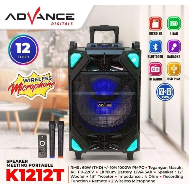 ADVANCE SPEAKER PORTABLE TROLEY K-1212T BLUETOOTH