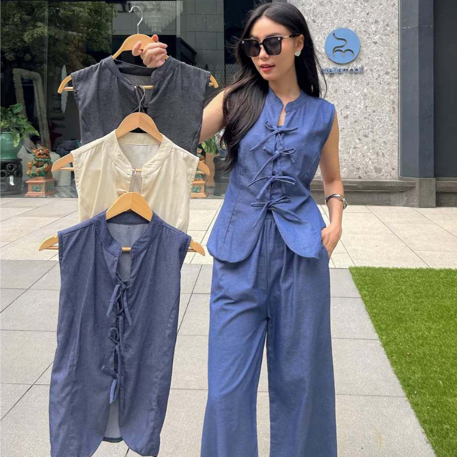 Sheila One Set Vest Celana Panjang Ribbon Coquette - Attire The Sisters