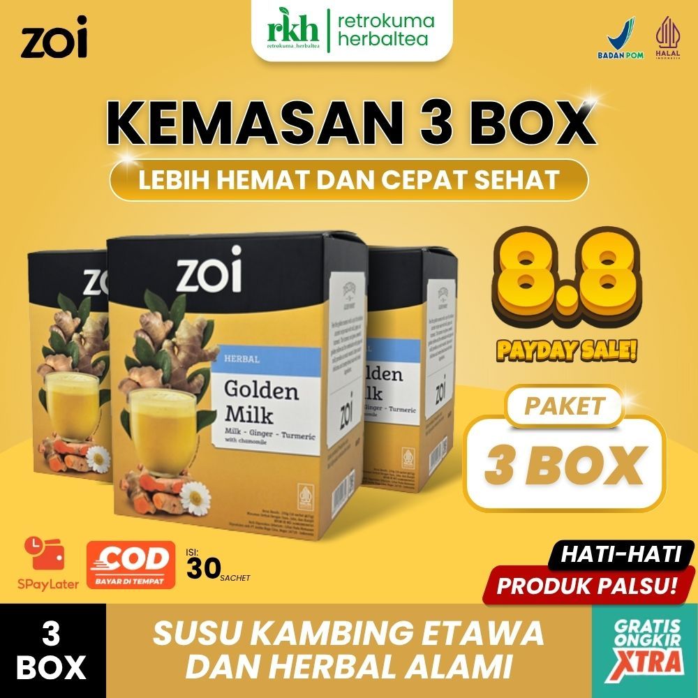 

[ PAKET 3 BOX ] ZOI GOLDEN MILK Susu Kambing Etawa Jahe Kunyit - Paket 3 Box (30 Sachet) Lebih Hemat
