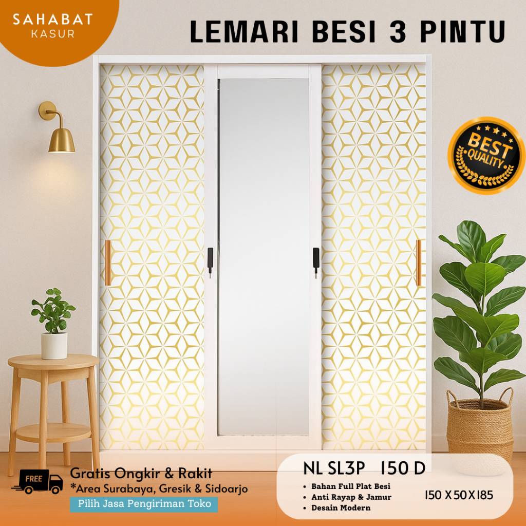 Lemari Besi Minimalis | Lemari Baju Full Plat Besi | Lemari Pakaian Besi 3 Pintu Sliding