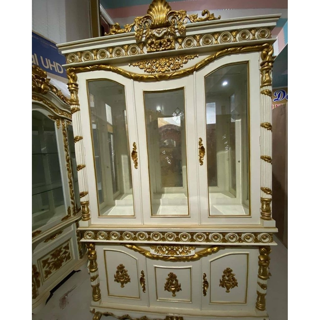 Lemari Hias Ukir Kayu Jati / Lemari Pajangan Kayu Jati Minimalis Modern / Lemari Kaca Hias Kayu Jati