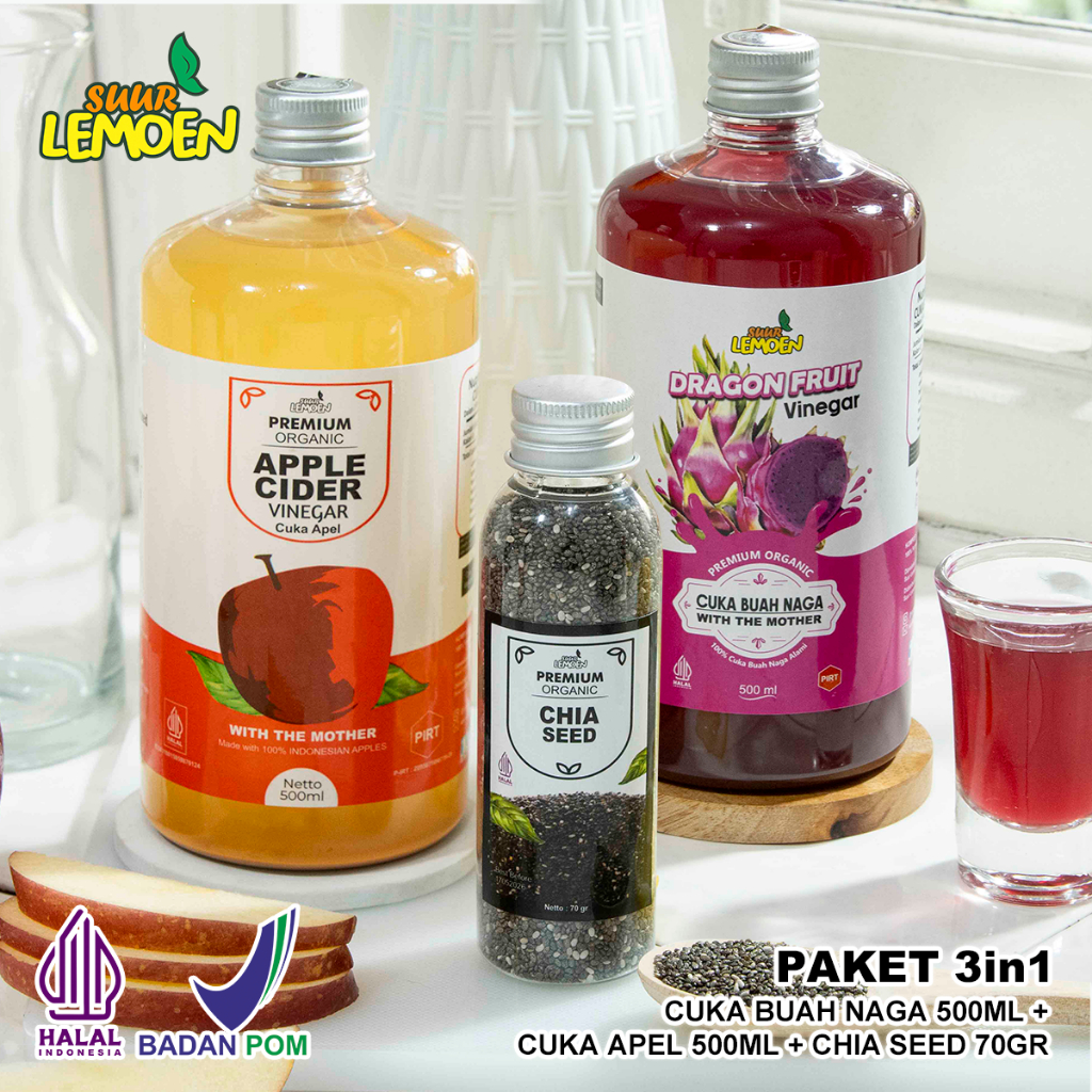 

Suur Lemoen Paket 3in1 Naga - Cuka Apel 500ml, Cuka Naga 500ml, Chia Seed 70gr