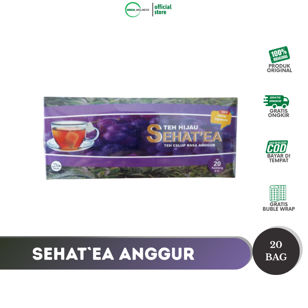 

TEH HIJAU SEHAT'EA RASA ANGGUR – teh hijau alami rasa anggur | bantu relaksasi & cegah radikal bebas | rasa segar & menenangkan | isi 20 kantong | original alifa | bisa cod