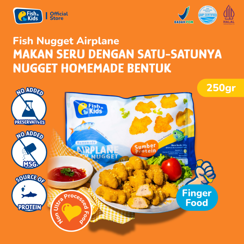 

Fish n Kids - Nugget Lele Bentuk Pesawat 200 gr Non MSG - Homemade Non UPF BPOM HALAL