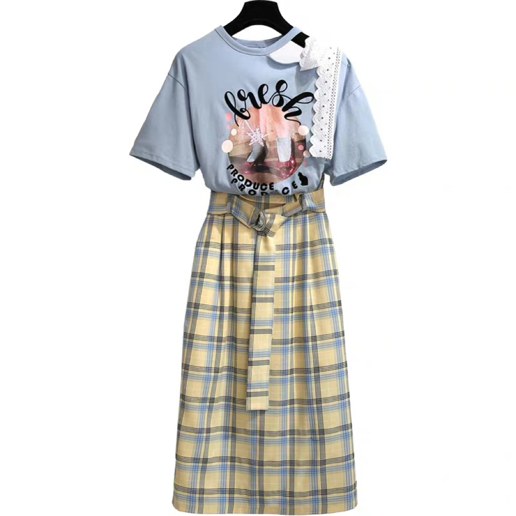 Setelan Wanita Kekinian T-shirt Biru Motif + Rok Kotak-Kotak Kuning Pastel - Outfit Kasual Remaja Ko