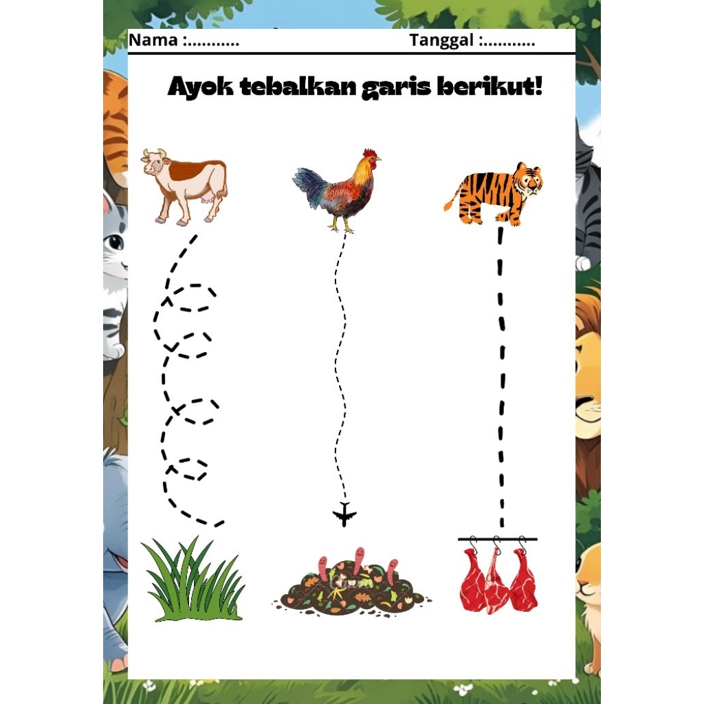 Worksheet Anak : Tema Hewan Lucu (usia 3-7 tahun) printable PDF