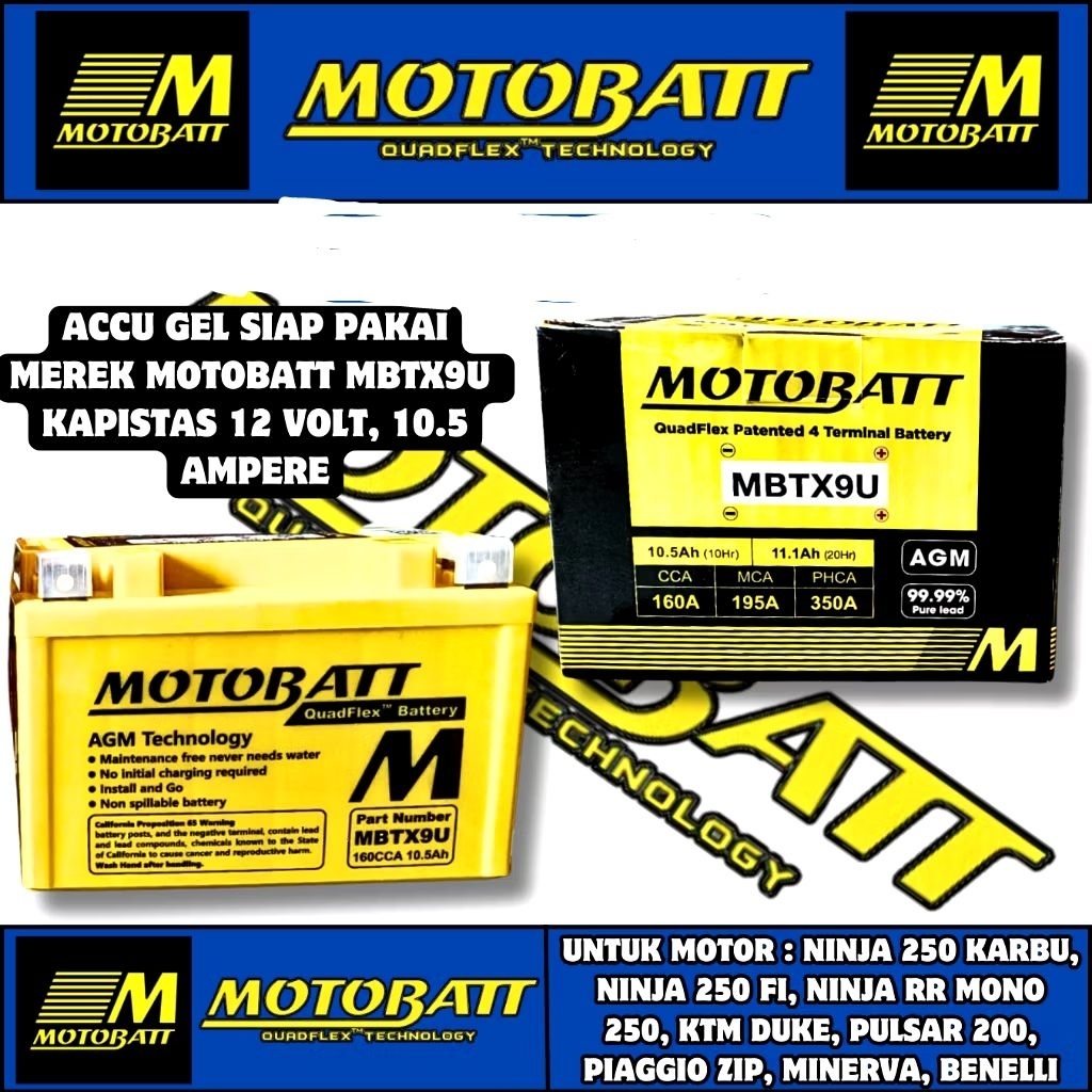 Aki Motor Kawasaki Ninja 250 FI-Karbu / ER6 / Z250SL / Z1000 Motobatt MBTX9U  12V 10,5AH