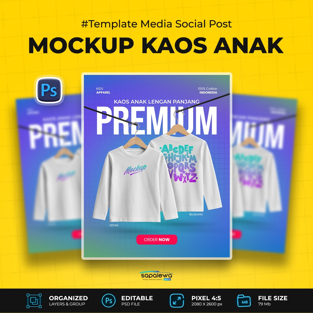 Mockup Kaos Lengan Panjang Anak Format Photoshop PSD | Tampilan Depan & Belakang Dengan Hanger | Tem