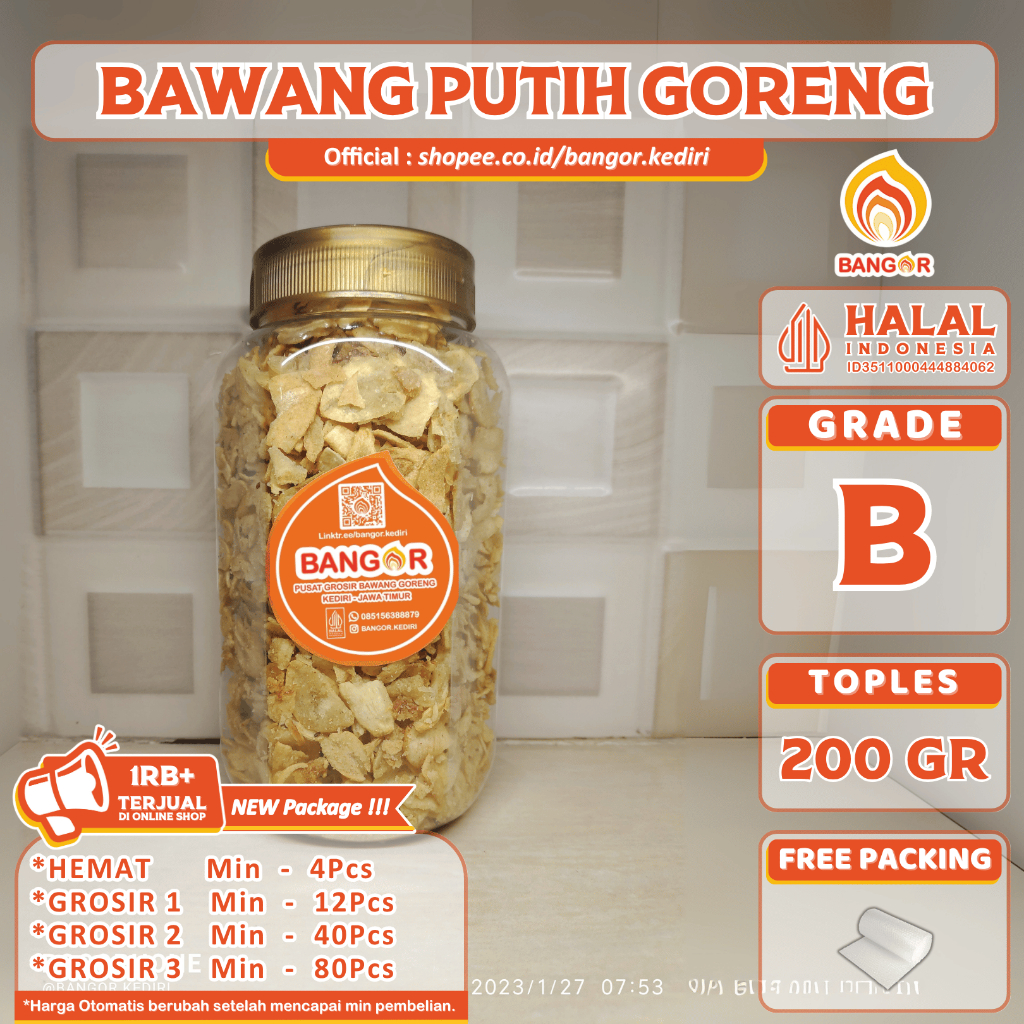 

PUTIH-B [ TOPLES / 200 Gr ] Bawang Putih Goreng / Bawang Goreng, Grade B, Toples