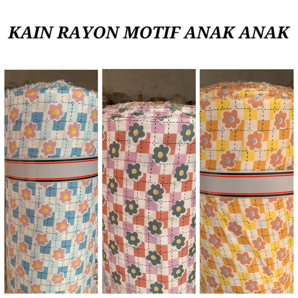 bahan kain katun rayon motif anak anak /rayon motif kotak kotak bunga terbaru/rayon viscose(harga te
