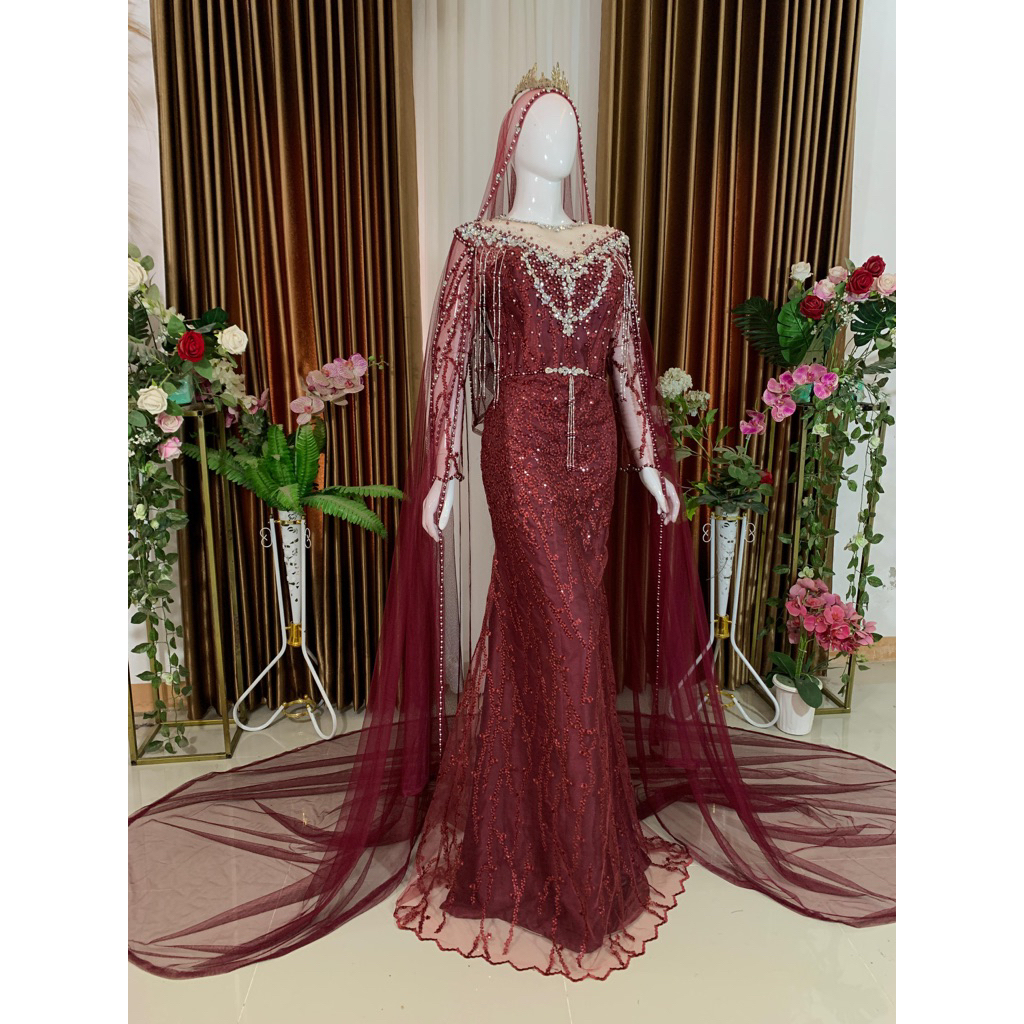 gaun pengantin slim maroon