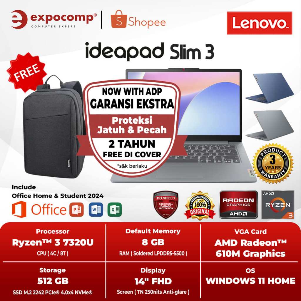 LENOVO IDEAPAD SLIM 3 14AMN8 C4ID C5ID AMD RYZEN 3-7320U 8GB 512GB WIN 11 HOME + OFFICE HOME 2024